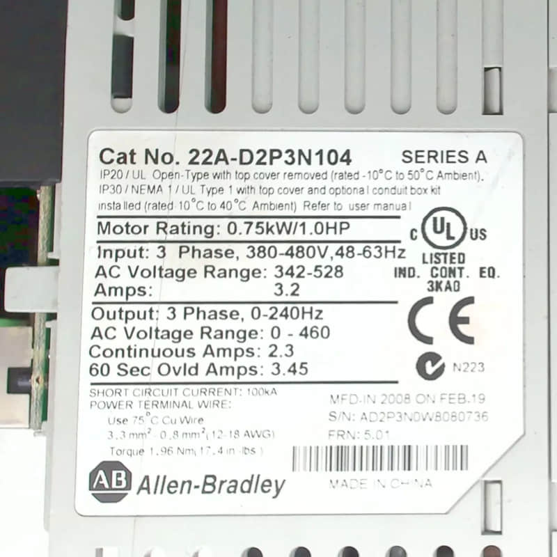Allen-Bradley 22A-D2P3N104 PowerFlex 4 AC Drive 0.75kW Allen-Bradley 22A-D2P3N104 PowerFlex 4 AC Drive 0.75kW